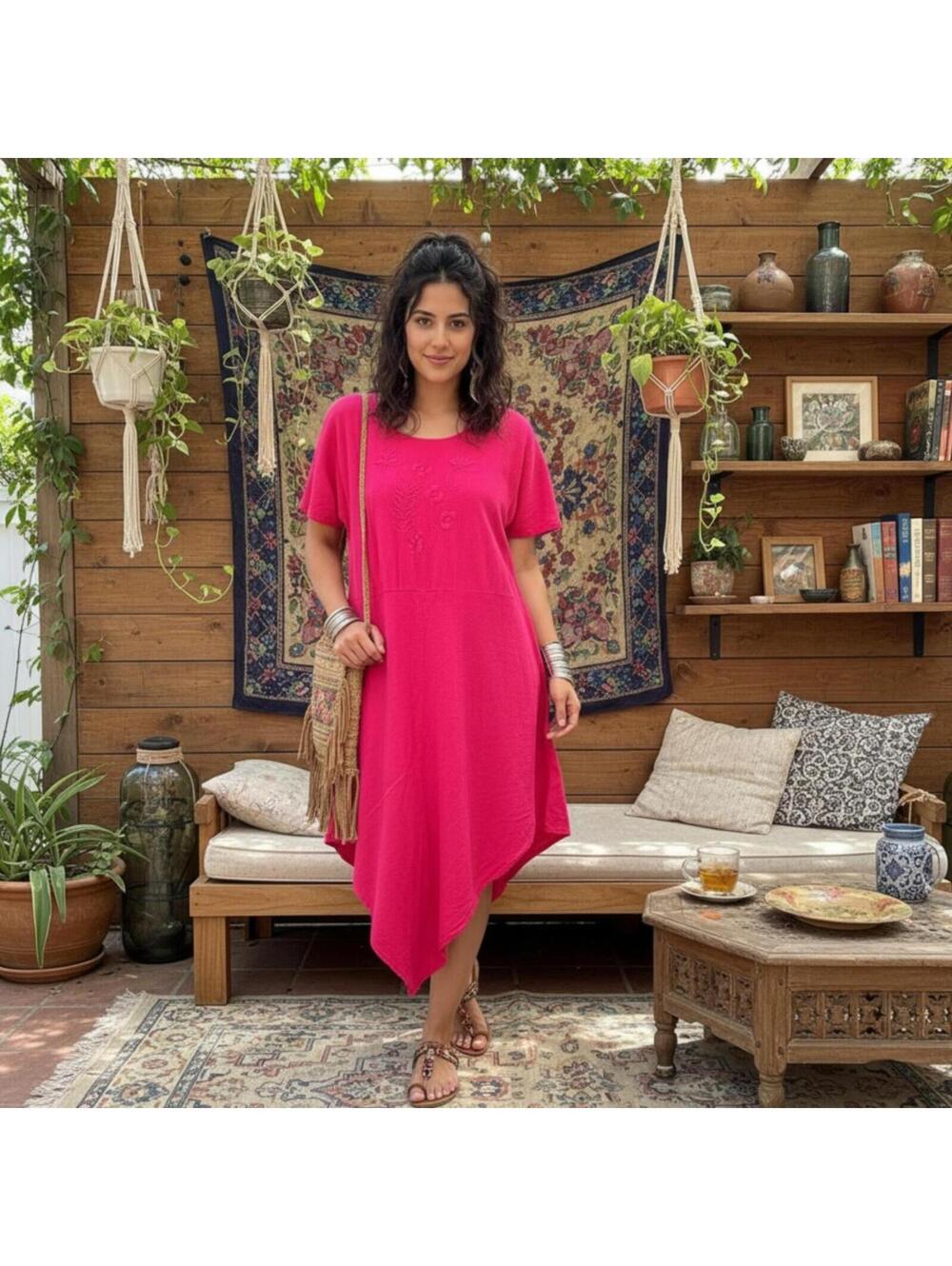 NWT Manta Del Lago Hot Pink Embroidered Midi Dress Medium Pointed Hem Boho